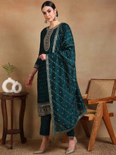 Women Green Silk Blend Embroidered Straight Kurta Palazzo Set With Dupatta